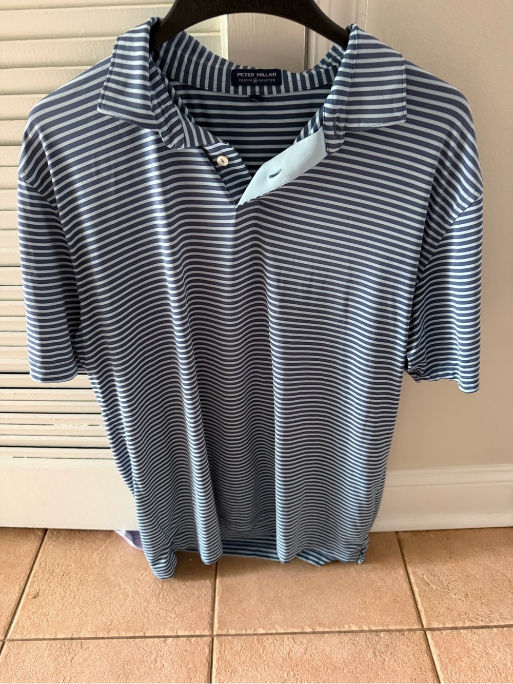 Peter Millar Polo Shirt Mens Blue Striped Crown Crafted Logo Stretch XL